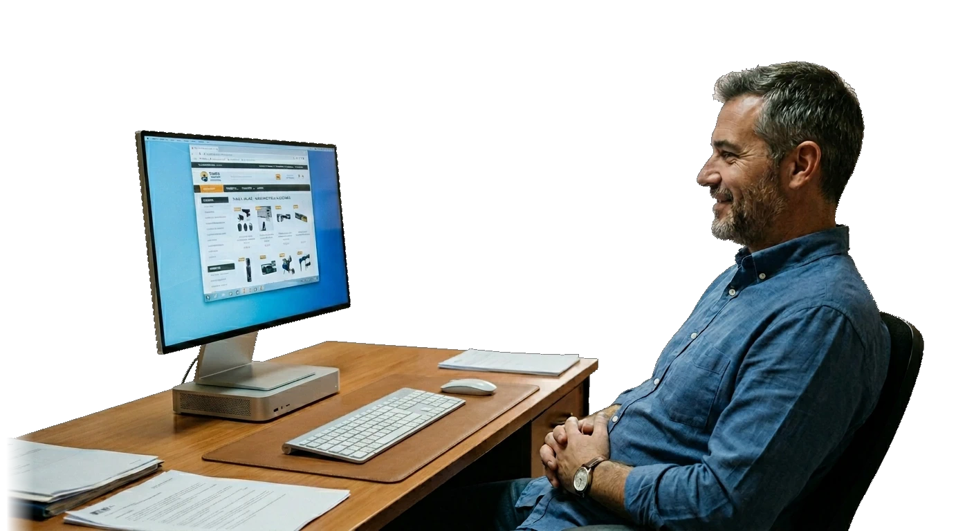 Hombre edad intermedia tranquilo frente a su pc