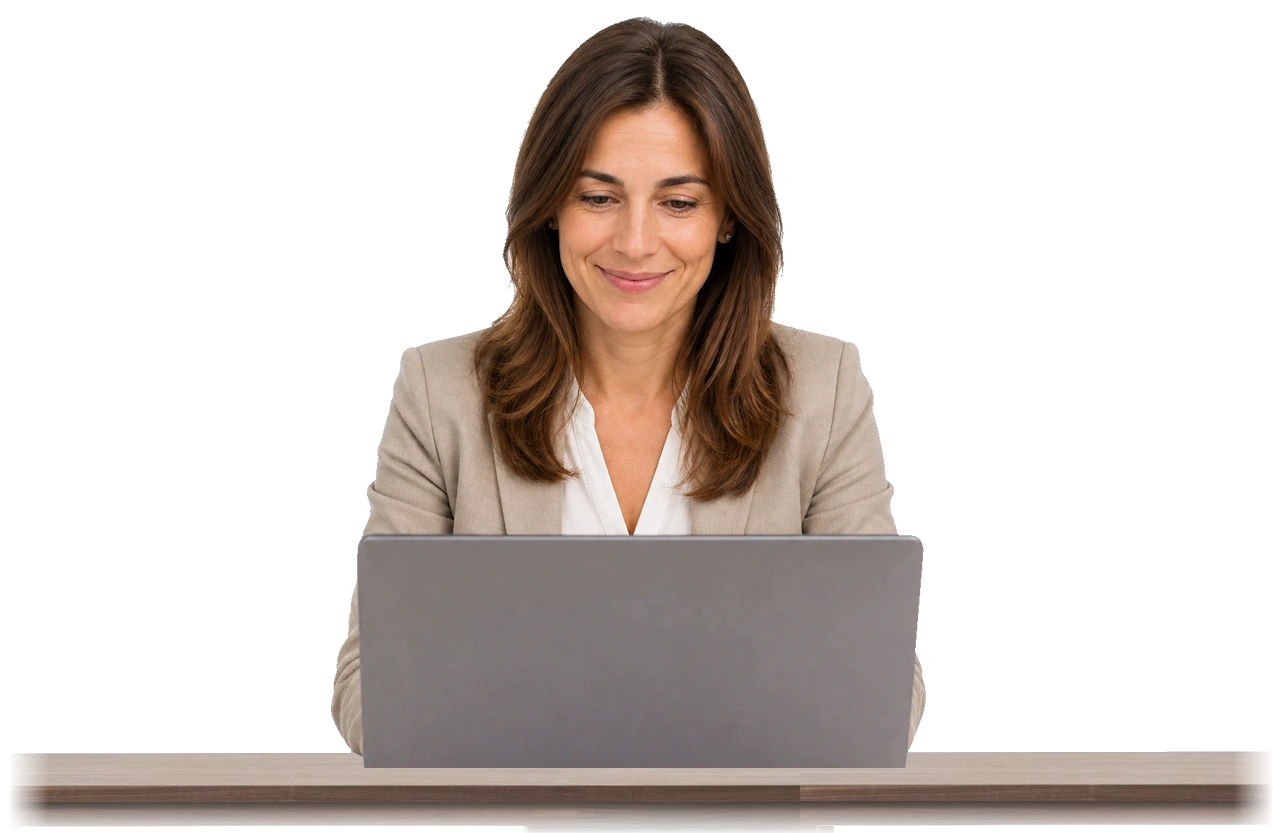 Mujer joven satisfecha frente a su notebook