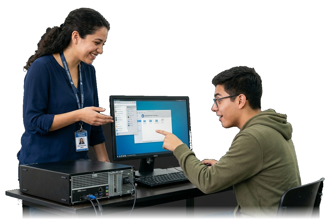 Profesora enseñando Linux a un alumno asombrado
